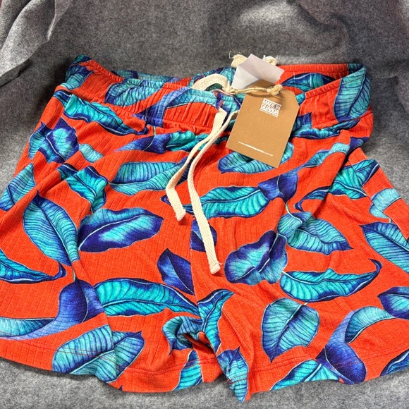 Made In Guarda Mig 15 Anos Brasil Bright Orange Tropical Leaf Drawstring Shorts
